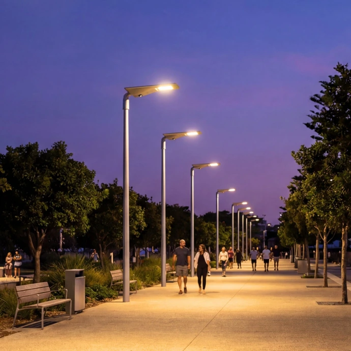 Allée piétonne éclairée par des lampadaires solaires HELIOS - CBK